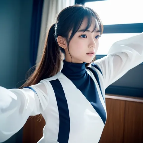 The face of a beautiful teenage Japanese female idol wearing cool white and navy stage costumes with a futuristic design dancing with a serious expression on her face by the window. Focal length 100mmf/2.8, spring day, sunny, living room on the upper floor...