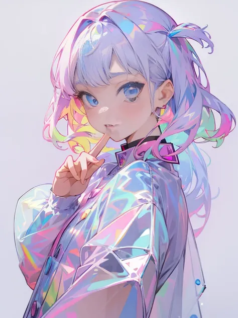 Transparent Colored PVC Clothing, Transparent colored vinyl garment, prismatic, a hologram, color difference, Fashion illustration, tmasterpiece, Harajuku Fashion Girls, looking at viewert,pretty eyes, 8K, ultra - detailed, pixiv,(fully body photo),Rainbow...