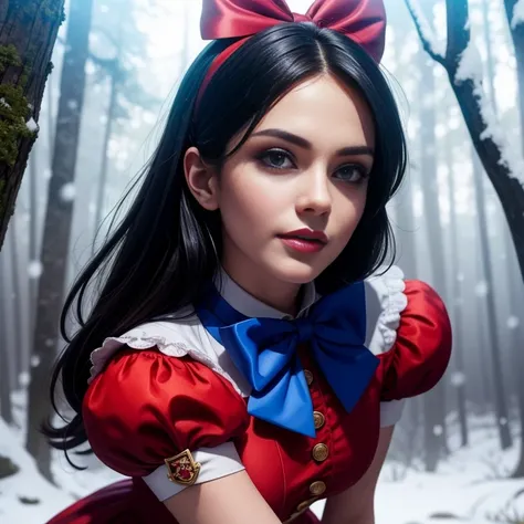 Masterpiece, best quality, detailed face, Snow White, long blue dress with white collar, blue and puffy sleeves with red slashing, yellow skirt, laced petticoat, high-heeled shoes with a bow-like ribbon on each of them, red ribbon on her hair, black hair, ...