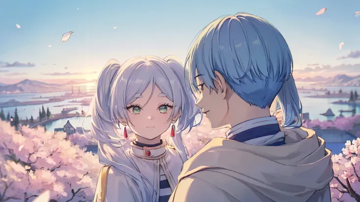 ((highest quality, super detailed girl and boy:1.4))BREAK,(girl is White hair,green eyes,shining eyes,((absurdly long twin tail)):1.3),BREAK,(boy is Blue hair,boy is short hair:1.3),BREAK,(boy and girl walking side by side:1.4),(landscape photography:1.2),...