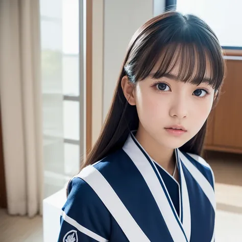 The face of a beautiful teenage Japanese female idol wearing cool white and navy stage costumes with a futuristic design dancing with a serious expression on her face by the window. Focal length 100mmf/2.8, spring day, sunny, living room on the upper floor...