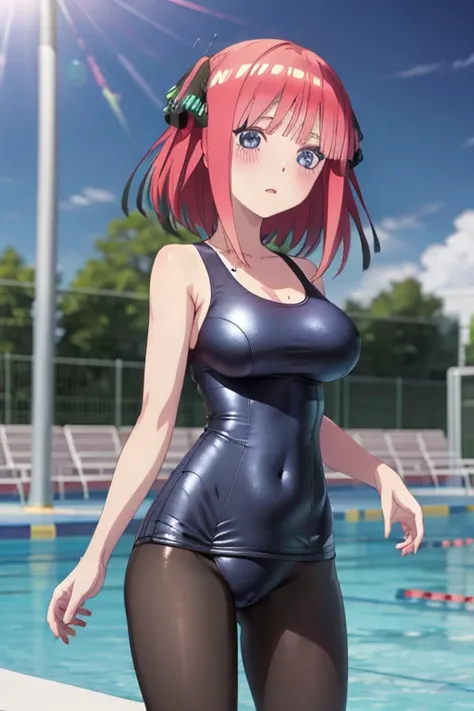 best quality, ultra-detailed masterpiece, anime art style, cute characters, nino nakano, one-piece swimsuit, large breasts, pantyhose, blush