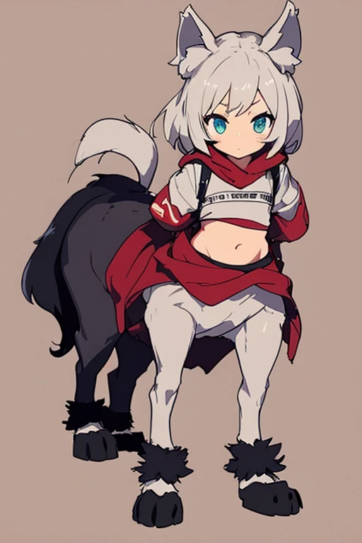 wolf girl、adult、2 Men Arms、Four wolf legs、quadrupedal walking、delicate、delicate face、wolf ears、Silvery white hair and body hair、flat chest、T-shirt、(exposure of the abdomen)、sharp eyes、Super high quality