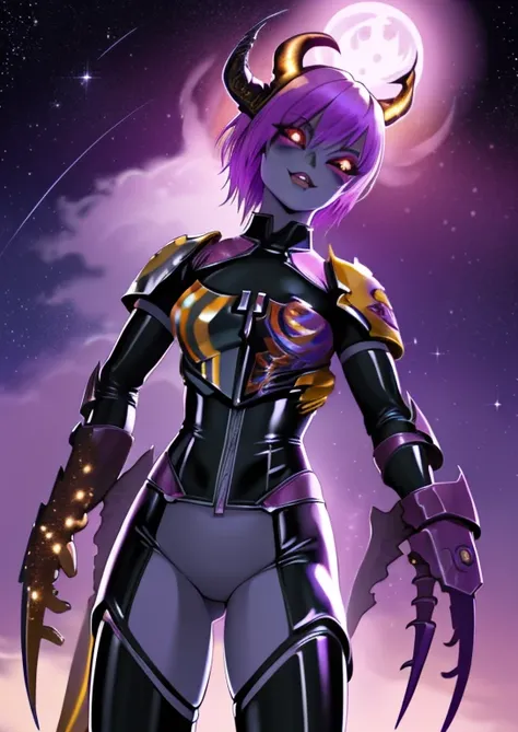 (1girl) (digital) (in detailed cliff, (horns, latex bodysuit, from below, colored skin, hooves, monster girl, demon girl, claws, serious sparkle eyes eyetype)) , best quality, slaanesh 