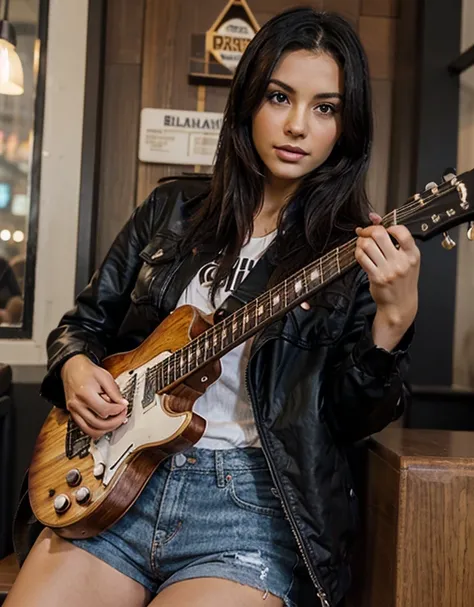 realistic, 20-years-old indonesian girl, light brown skinned, middle straight black hair style, wearing black jacket, holding electric guitar, cafe background