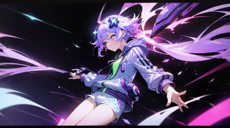 Girl,female,Purple white Jacket(Neon lights Yellow),neon lights yellow,purple eyes,violet hair, short pants black,pony tail hair