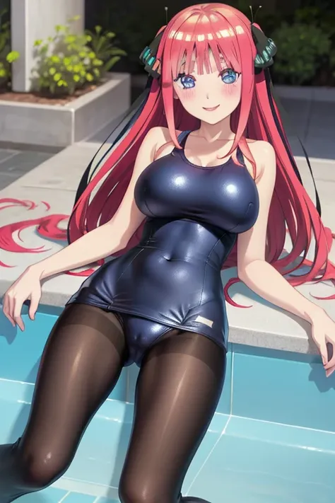 best quality, ultra-detailed masterpiece, anime art style, cute characters, nino nakano, one-piece swimsuit, large breasts, pantyhose, blush, smile