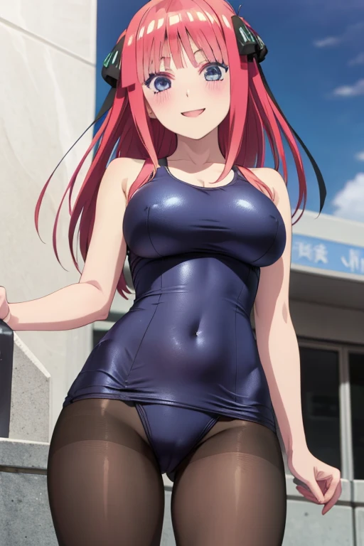 best quality, ultra-detailed masterpiece, anime art style, cute characters, nino nakano, one-piece swimsuit, large breasts, pantyhose, blush, smile