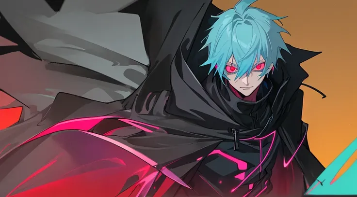 Male,light blue hair,Salmon shirt,Black outfits,dark red eye,Black Cloak(Neon Yellow lights)