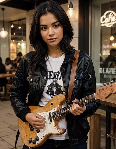 realistic, 20-years-old indonesian girl, brown skinned, short straight black hair style, wearing black jacket, holding electric guitar, cafe background
