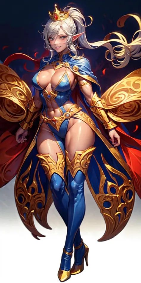 extremely long hair, ponytail, perfect anatomy 1 girl tall solo, slim thick, ((muscular)) high elf toned body, silver breast plate, blue cape, slender abs, hourglass waist, detailed face, defined cheekbones, puffy lips, gauntlets, gold crown, shadow over e...