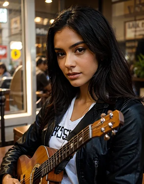 (realistic:1.2),20-years-old girl,brown-skinned,(detailed:1.1) beautiful eyes,(detailed:1.1) beautiful lips,medium straight black hair style,wearing black jacket,holding electric guitar,cafe background,photorealistic,vivid colors,warm tone lighting