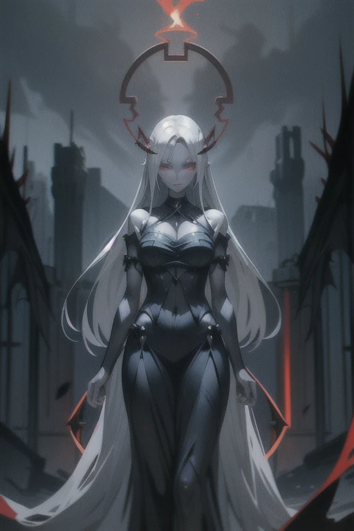 Grey skin, blood halo, Goddess, rare, cursed maiden, goddess armor, beautiful woman, long silver hair, red glowing eyes, grey skin, black wings, castle ruins,