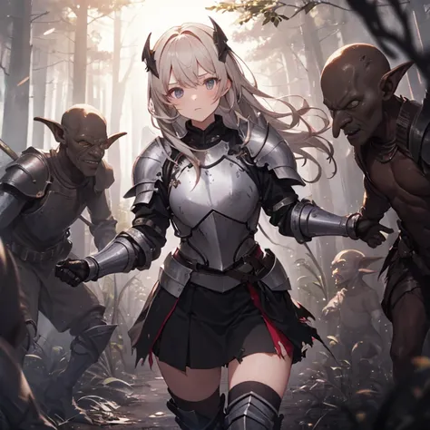 a female knight, (in forest), wearing armored clothes, metal armor, night, details face, , short skirt, surrounded by goblins, v...