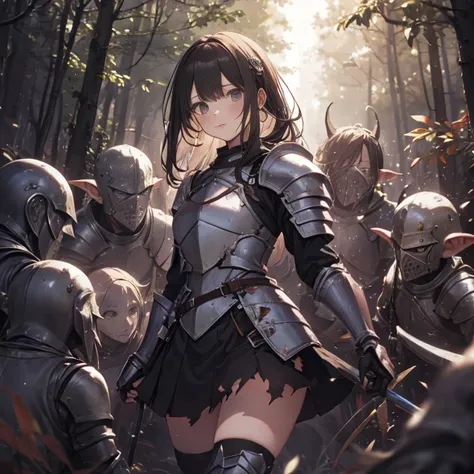 A female knight, (in forest), wearing armored clothes, metal armor, night, details face, , short skirt, surrounded by goblins, various weapons, torn clothes 