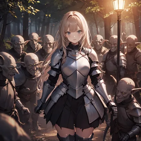 a female knight, (in forest), wearing armored clothes, metal armor, night, details face, , short skirt, surrounded by goblins, v...