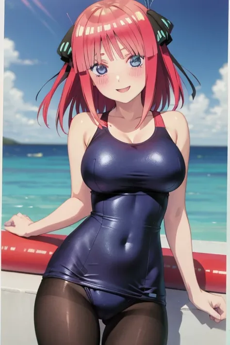 best quality, ultra-detailed masterpiece, anime art style, cute characters, nino nakano, one-piece swimsuit, large breasts, pantyhose, blush, smile