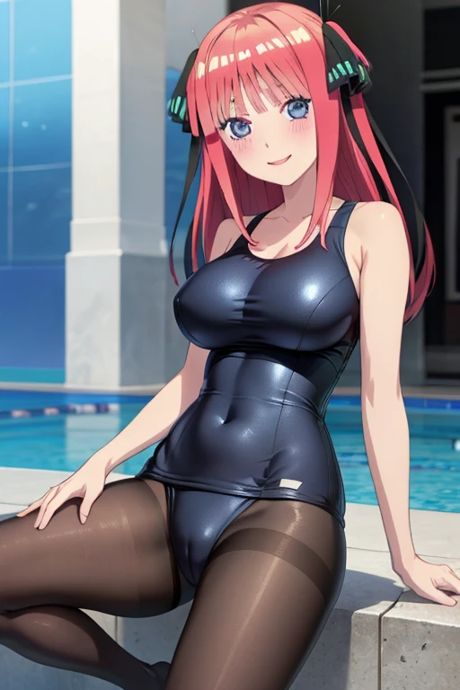 best quality, ultra-detailed masterpiece, anime art style, cute characters, nino nakano, one-piece swimsuit, large breasts, pantyhose, blush, smile