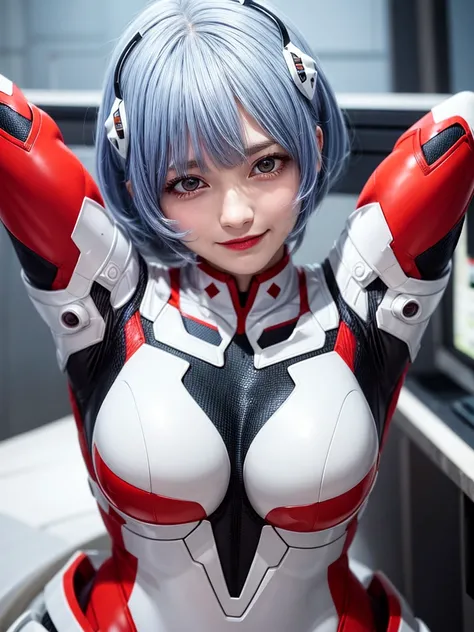 Masterpiece, highest quality, 8K, detailed skin texture, fine cloth texture, beautiful detailed face, intricate details, super detailed, portrait of Rei Ayanami, blue hair, red eyes, looking far away, no background, Evangelion Wearing a plug suit when ridi...