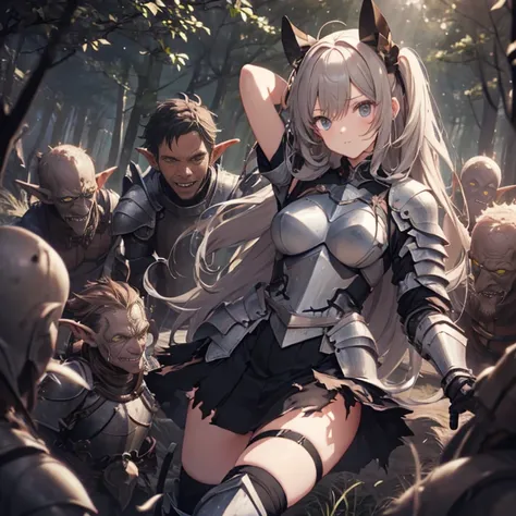 a female knight, (in forest), wearing armored clothes, metal armor, night, details face, , short skirt, surrounded by goblins, v...