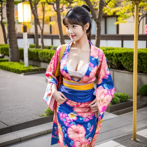 Create a realistic 3D image, wide angle, full body, highest resolution, beautiful, cute Japanese girl, 20 years old, wearing a kimono, bright colors, beautiful patterns, according to fashion, showing cleavage, walking and admiring the beauty of Asakusa Vie...