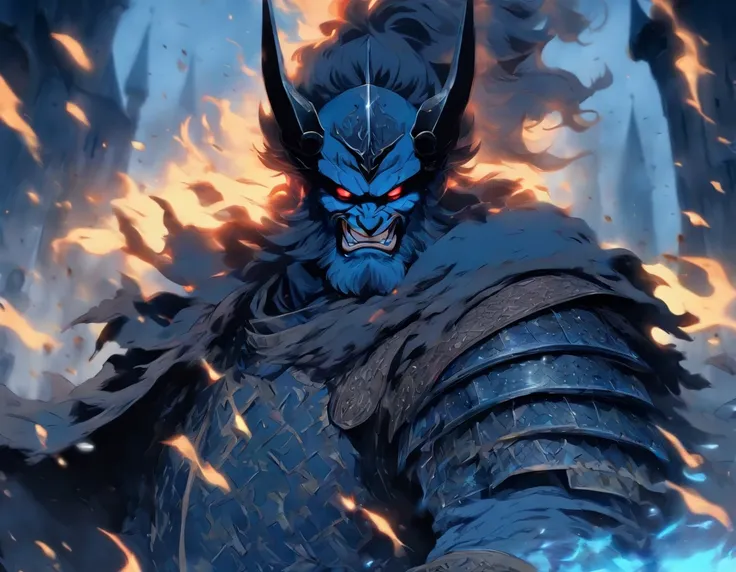 middle-aged man, Miyazakis painting style, high resolution, black hair, Half demon body, half demon face, European knights, Exquisite three-dimensional blue flame devil face, Bearded, wearing a helmet, Expressions of anger, perfect body proportions, joke, ...