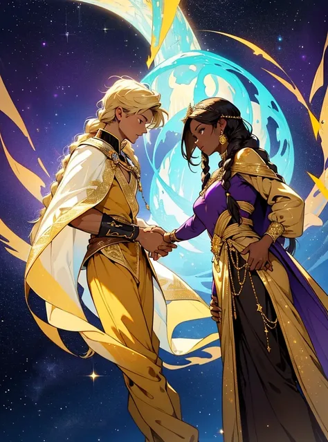 African woman wear spainish purple dress like a princess. She have beautiful long braid hair and brown skin. Star-man wear black and glittery golden clothes with cape like a prince. He have glow white and yellow short hair. His sand-color skin. He hold her...