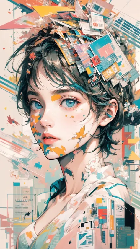 (masterpiece, High resolution, highest quality), Composition from head to thighs:1.3, Upper body focus, 20 year old woman, Asymmetrical short hair, disorganized, Paper collage, abstract design, artistic juxtapositions, mixed-media approach, Anime Style, si...