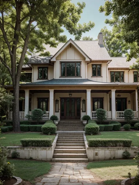 Two-story country house with gable roof with path to the door with marble balustrade fifteen windows surrounded by trees 