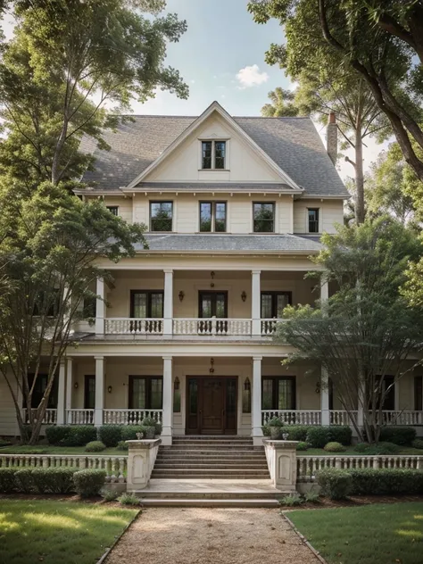 Two-story country house with gable roof with path to the door with marble balustrade fifteen windows surrounded by trees 