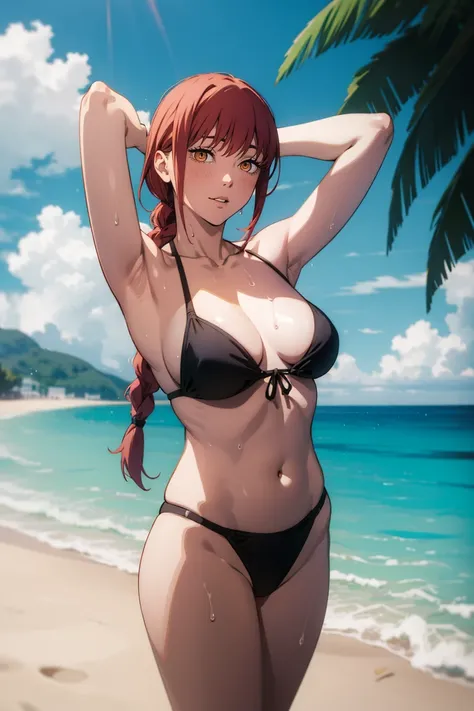 1girl, solo,underwear, navel, breasts, realistic, long hair,, lips, looking at viewer, red hair, collarbone,braided ponytail,yellow eyes, sitting, cowboy shot, jewelry, standing, from Above, arms behind head, show both armpits, one piece bikini, legs open ...