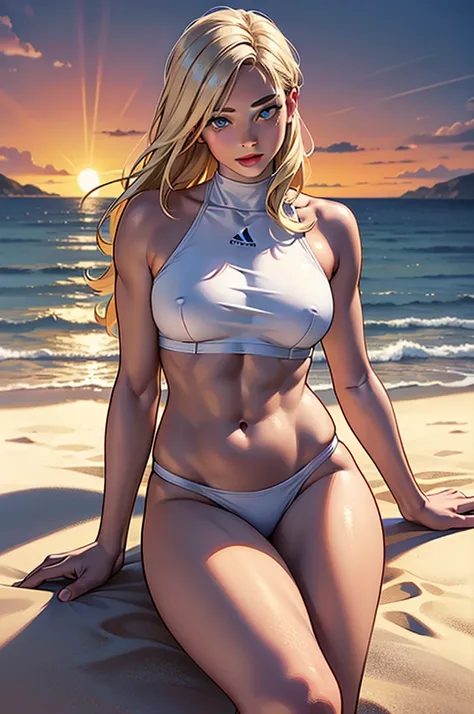 Тропический Beautiful пляж, sunset. A tall man sits on the sand, large, athletic, stately, Beautiful, adult man - platinum blond, he has tanned skin, Ideal facial features, Blue eyes, he has long straight white hair, he is wearing white beachwear, Next to ...