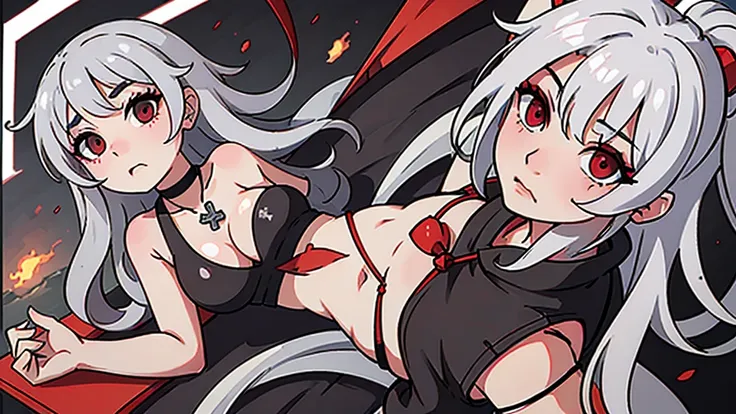 Long gray hair,blood red eyes,Necklace with cross,Wearing a black and white goth bikini,beach,beach球,Woman on top position