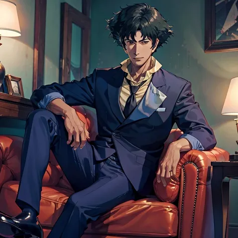 1 male, solo, masterpiece, high detail, high definition, beautiful, clear, spikespiegel, formal, suit, jacket, necktie, pants