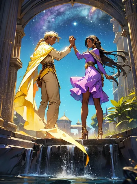 African woman wear spainish purple dress like a princess. She have beautiful long braid hair and brown skin. Star-man wear black and glittery golden clothes with cape like a prince. He have glow white and yellow short hair. His sand-color skin. He hold her...