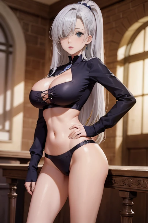 masterpiece, best quality, highres, Elizabeth, 1girl, jewelry, nudity, seductive ,big breast stunning pussy, silver hair, hair over one eye, smug , midriff , asymmetrical legwear,  long socks , standing, standing, portrait,  sexy body . Dungeon. Sexy,  upt...