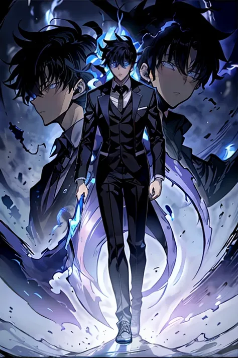 anime character with a suit and tie standing in front of a blue background, inspired by Shinji Aramaki, inspired by Shingei, inspired by Okumura Masanobu, shinji, mob psycho 100, anime wallaper, tall anime guy with blue eyes, epic anime style, shinji ikari...