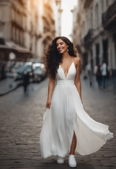 A beautiful woman, Long hair, black curly hair, long skirt, Elegant white dress, No cleavage, Earrings not included, white sneakers, The future of the charming smiling city。Resolution 1920*1080