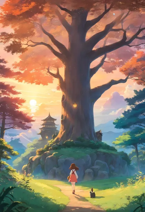 A mesmerizing anime-style fantasy world inspired by the works of Studio Ghibli and Hayao Miyazaki. The scene is set on a serene forest glade, where magical creatures and mystical beings coexist in harmony. In the foreground, a young girl with flowing aubur...