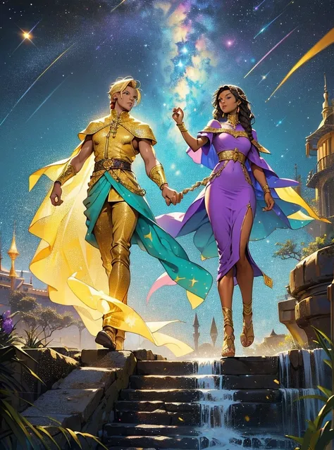 African woman wear spainish purple dress like a princess. She have beautiful long braid hair and brown skin. Star-man wear black and glittery golden clothes with cape like a prince. He have glow white and yellow short hair. His sand-color skin. He hold her...