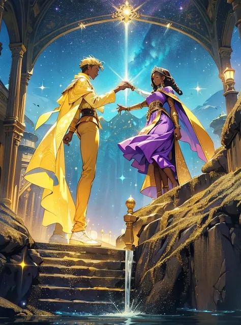 African woman wear spainish purple dress like a princess. She have beautiful long braid hair and brown skin. Star-man wear black and glittery golden clothes with cape like a prince. He have glow white and yellow short hair. His sand-color skin. He hold her...