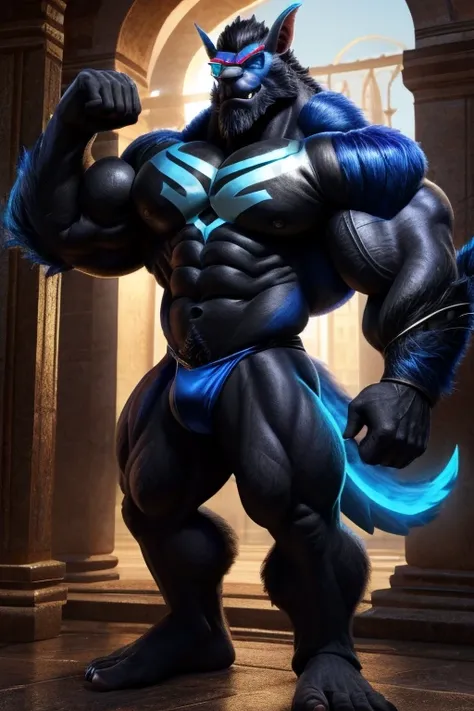 Uma imagem foto realista da Fera do filme A Bela e a Fera, super gigante musculoso, with muscular arms, ombros largos, giant toned physique, veias musculares estourando, olhos azuis, uma cauda, super peludo de pelo azul, pele azul, wearing glasses, usando ...