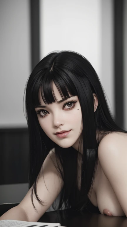 Ultra realistic, 16k, high quality, one evil naked well lit girl, succubus aesthetic, dream aesthetic, long black hair, cute bangs on the forehead, black evil eyes, bright evil eyes look, perfect nose, evil smile, pale-grey skin, grey skin, flushed cheeks,...