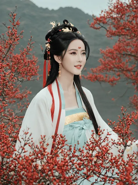 Whimsical and fun, Movie照片 水墨画 轻汉服,Portraits inspired by traditional Chinese art, Woman in Hanfu.  The tranquil scenery is reminiscent of the tranquility found in classical Chinese paintings from the Song and Ming dynasties.. The golden calligraphy font an...