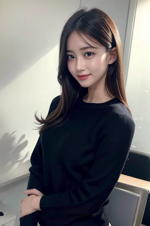 (8K, highest quality, masterpiece:1.2), (Realistic, Photorealistic:1.37), Ultra-detailed, One Girl, cute, ((office)),solo,Dim,((small chest)), (nose blush), (Laughter:1.3), Beautiful and fine details, (hair length: 1.2), Floating Hair NovaFrogStyle, Upper ...