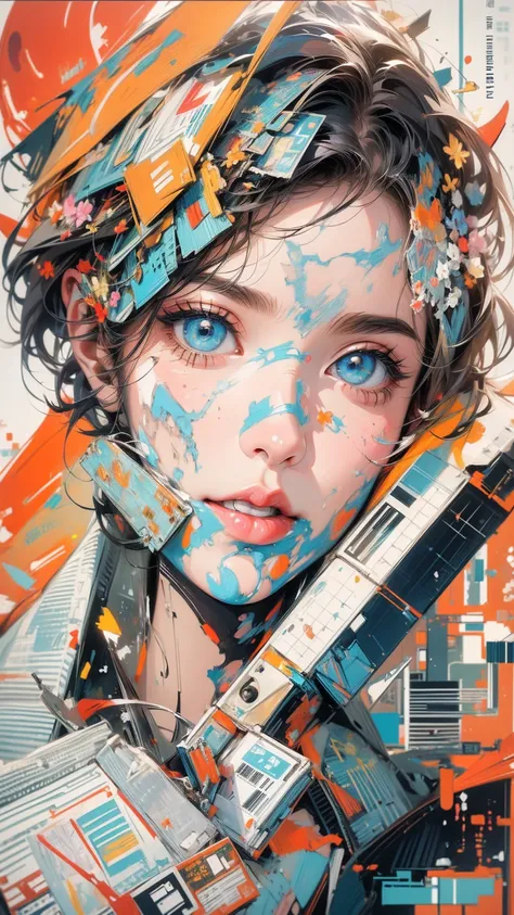 (masterpiece, High resolution, highest quality), Composition from head to thighs:1.3, Upper body focus, 20 year old woman, Asymmetrical short hair, Disorganized, Paper and paint collage, abstract design, artistic juxtapositions, mixed-media approach, Anime...