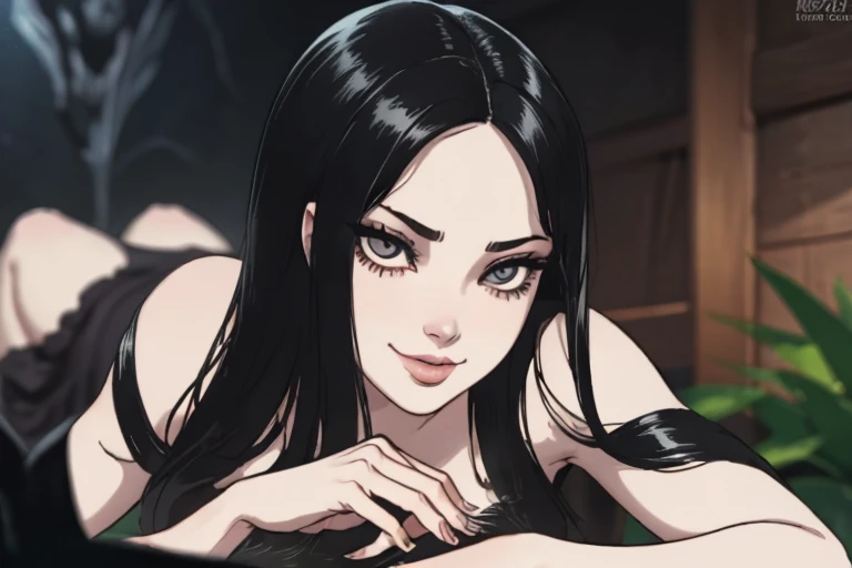 Ultra realistic, 16k, high quality, one evil naked well lit girl, succubus aesthetic, dream aesthetic, long black hair, cute bangs on the forehead, black evil eyes, bright evil eyes look, perfect nose, evil smile, pale-grey skin, grey skin, flushed cheeks,...