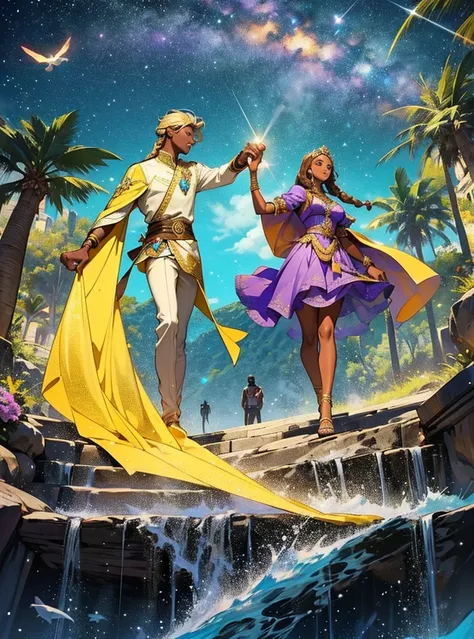 African woman wear spainish purple dress like a princess. She have beautiful long braid hair and brown skin. Star-man wear black and glittery golden clothes with cape like a prince. He have glow white and yellow short hair. His sand-color skin. He hold her...