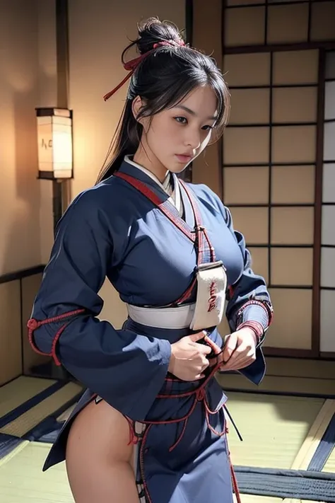 (Woman wearing Japanese kendo armor:1.5)、the large intestine、(Perfect body、Large, straight breasts、slim waistline、Plump buttocks)、Sagging lower back、Sweating、wet hair、Covered with water、Top quality、masterpiece、Photogenic、Front focus:1.0、Depth of Field,Boke...