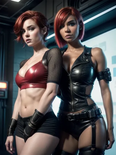 2 gorgeous women with crimson red short hair as Sergeant Calhoun from Wreck It Ralph, sexy, wearing cyberpunk futuristic armor